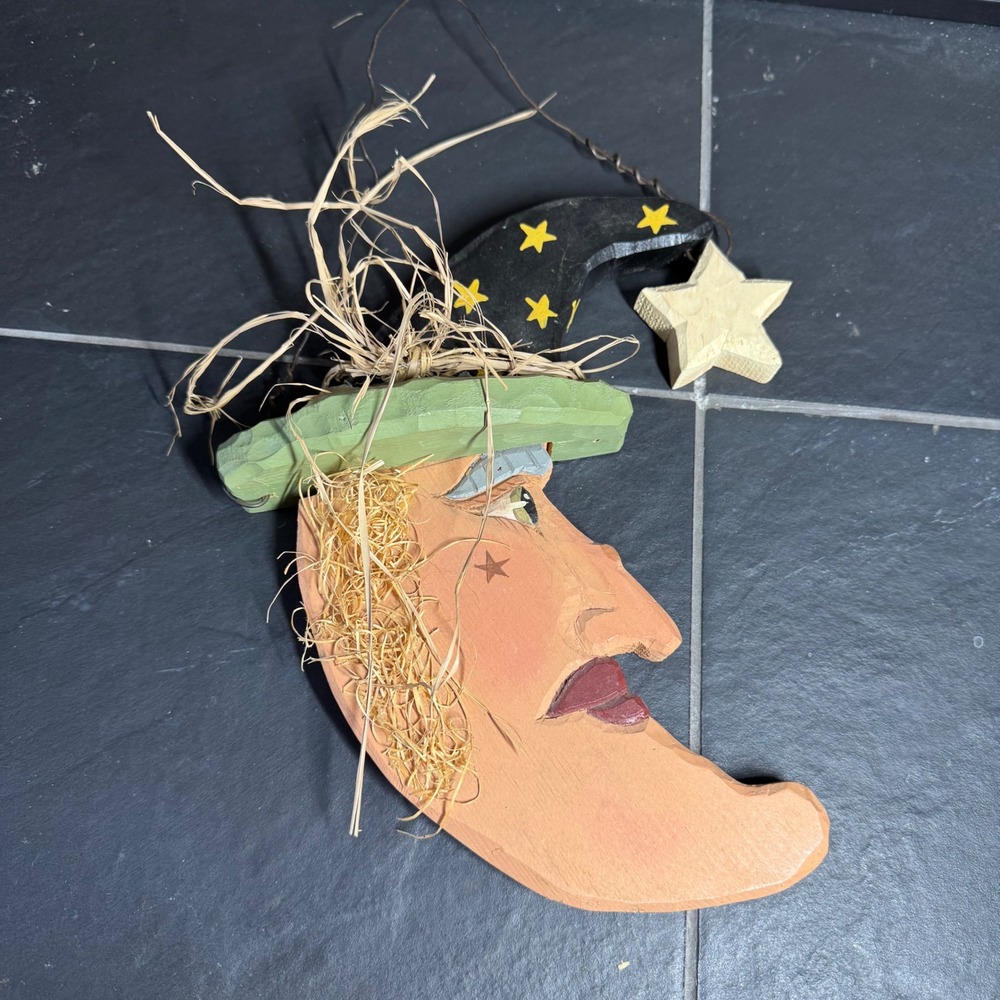 Vintage 1994 Signed Jacki Hand Carved Wooden Moon Man Folk Art Wall Decor Star